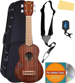 Kala KA-15S-H2 Satin Mahogany Soprano Ukulele - Hawaiian Islands & Tattoo Bundle with Hard Case, Tuner, Strap, Austin Bazaar Instructional DVD, and Polishing Cloth