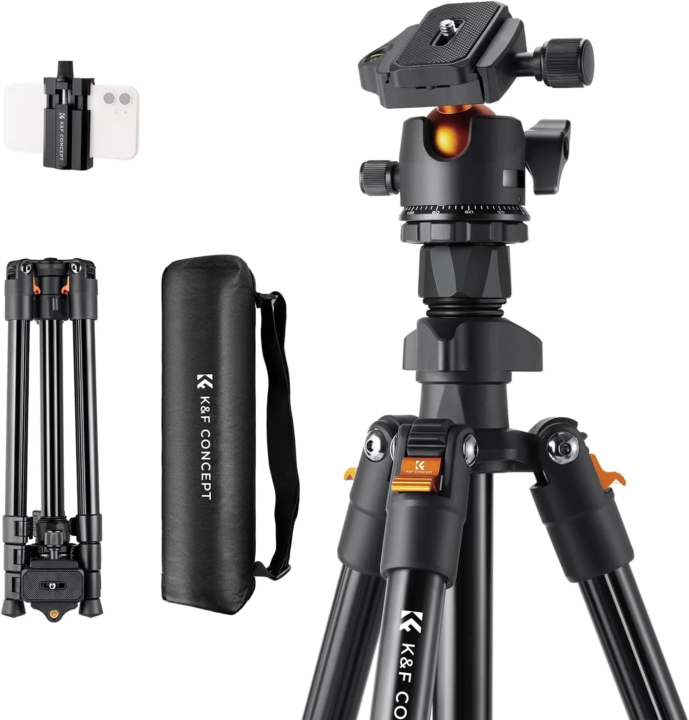 K&F Concept 64 inch/163cm Camera Tripod,Lightweight Travel Outdoor DSLR Tripods with 360 Degree Ball Head Load Capacity 8kg/17.6lbs,Cellphone Clip for Smartphone Live Streaming Vlog O234A1 BH-36
