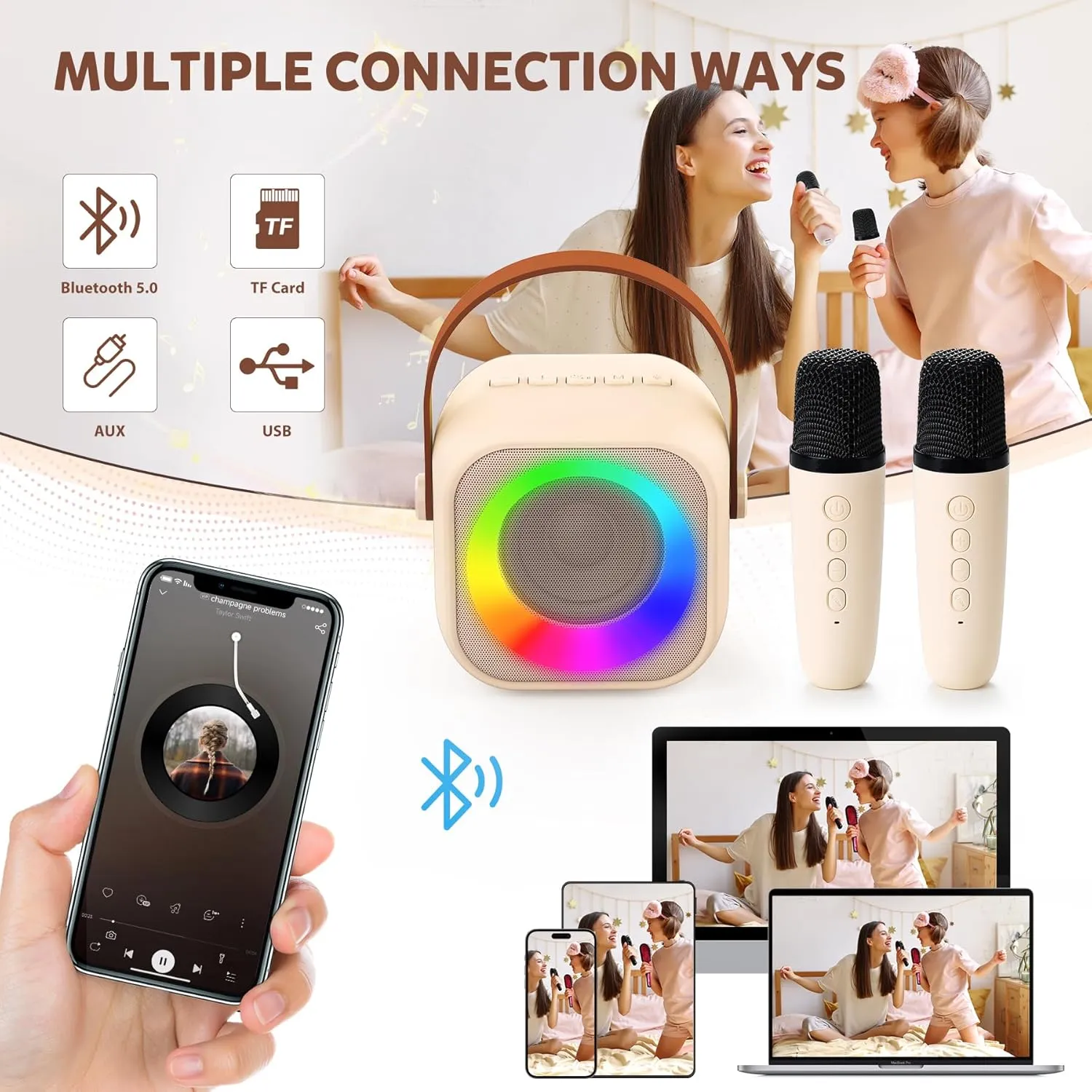 Karaoke Machine for Kids, Toys for 3-12 Years Old Girls Gifts, Kids Karaoke Microphone Machine Toy, Best Fun Christmas Birthday Gifts for 5 6 7 8 9 10 11 Years Teens Girl Boys Beige 2 Mic