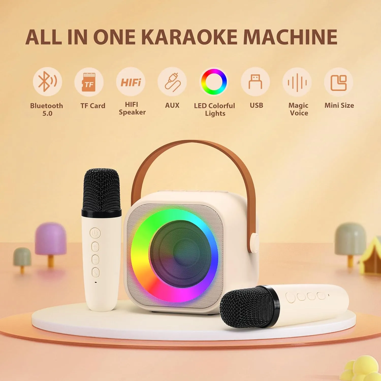 Karaoke Machine for Kids, Toys for 3-12 Years Old Girls Gifts, Kids Karaoke Microphone Machine Toy, Best Fun Christmas Birthday Gifts for 5 6 7 8 9 10 11 Years Teens Girl Boys Beige 2 Mic
