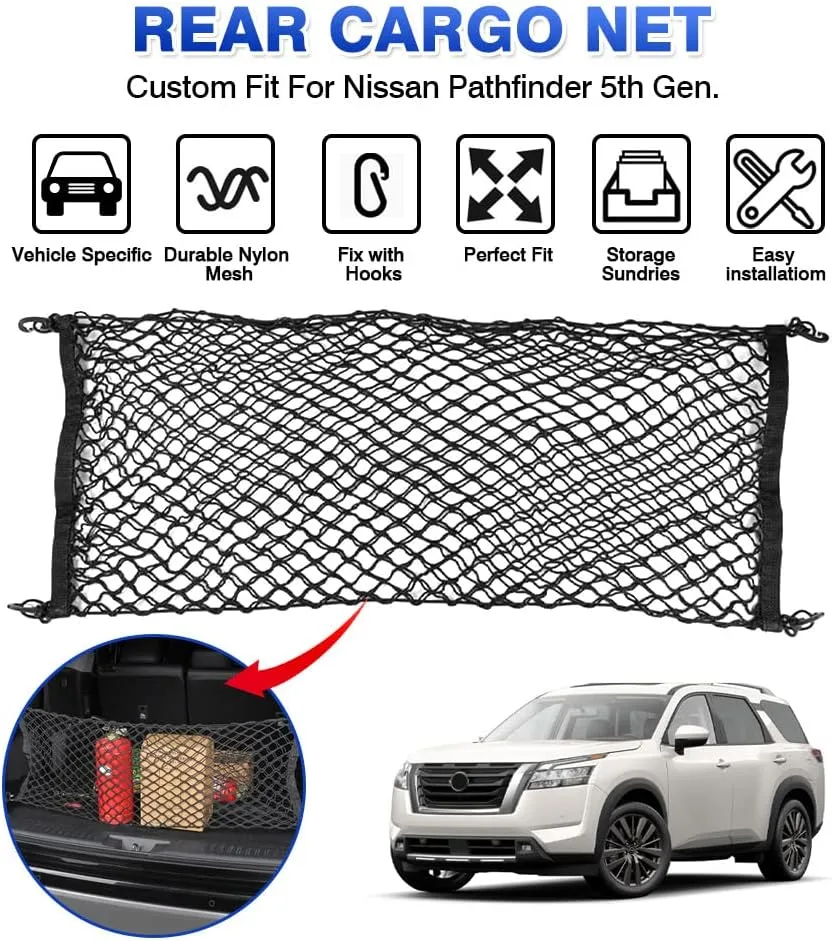 Karltys Envelope Style Cargo Net for Nissan Pathfinder 2022-2024 2025, Highly Elastic Pathfinder Rear Trunk Cargo Net, Heavy Duty Nylon Mesh Storage Netting Organizer with Durable Hooks
