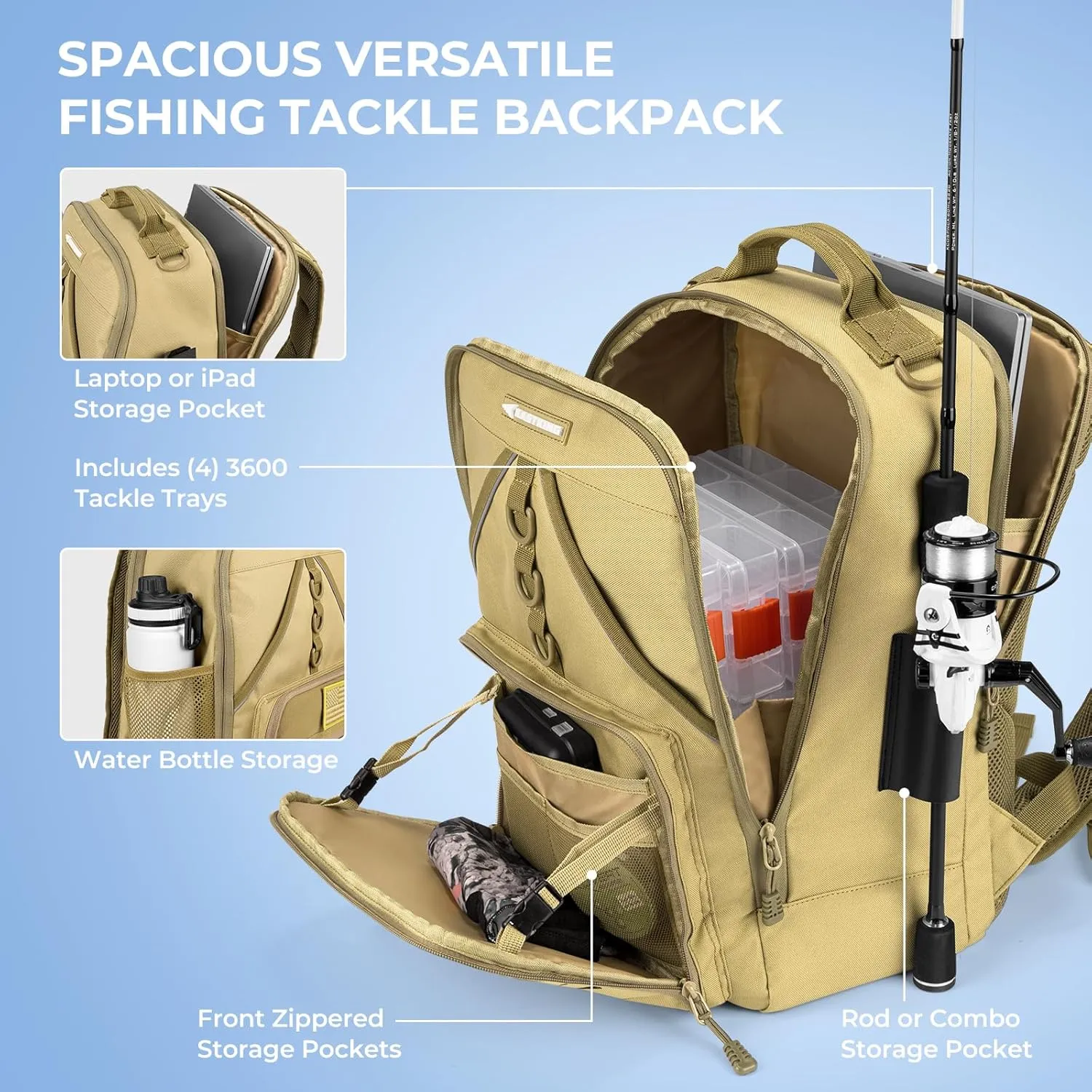 KastKing Karryall Medium Fishing Tackle Daily Backpack, Large Storage Water-resistant Fishing Bag Store Gear and Equipment