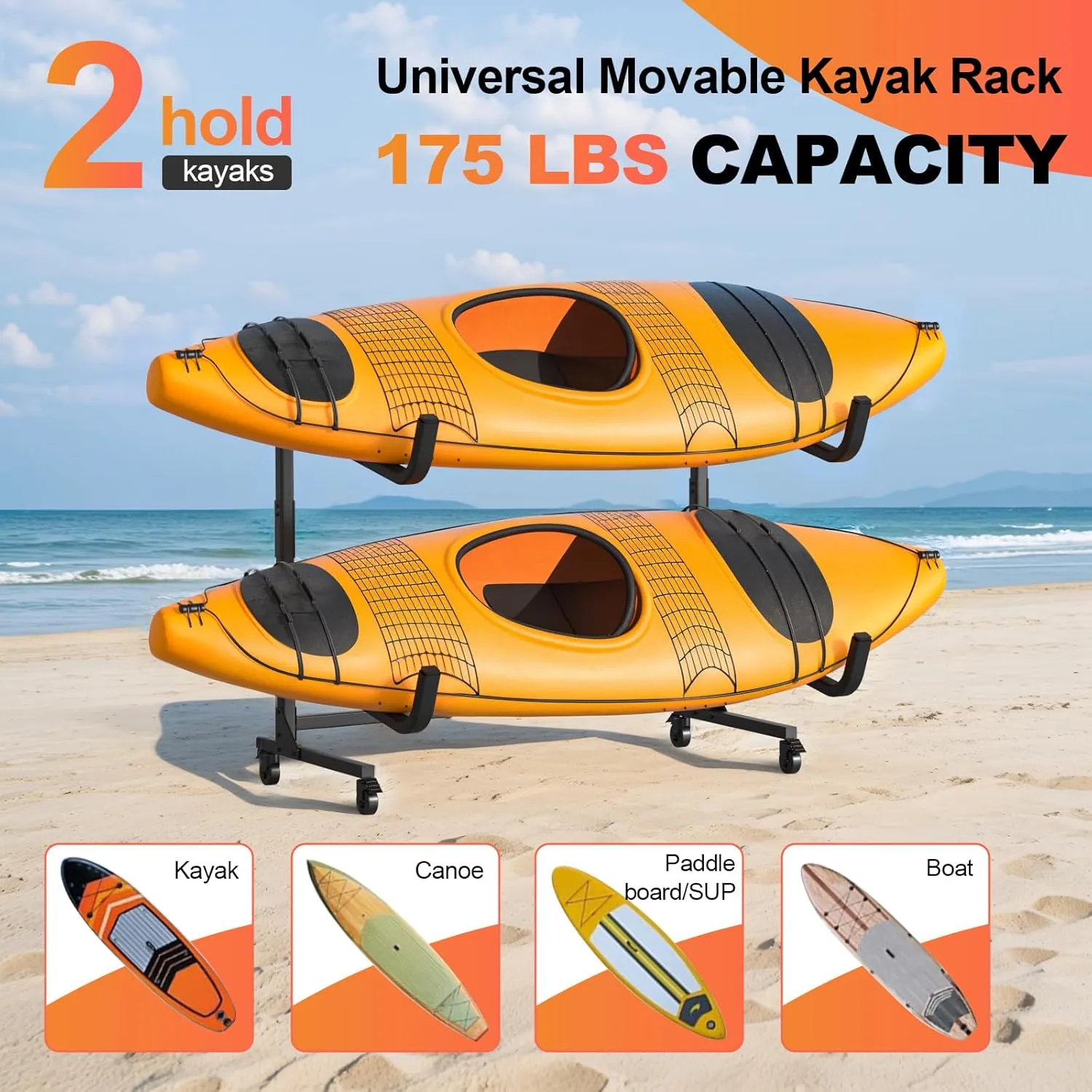 Kayak Storage Rack, Heavy Duty Steel Hanger for 2/4 Kayaks Stand, Canoe, SUP & Surfboard with Adjustable Width, Movable Wheels, Secure Straps, and Padded Arms for Indoor/Outdoor/Garage Storage
