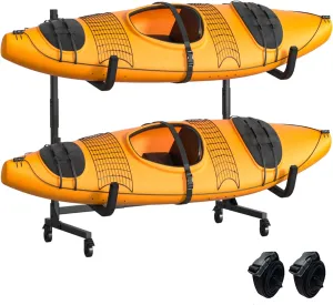 Kayak Storage Rack, Heavy Duty Steel Hanger for 2/4 Kayaks Stand, Canoe, SUP & Surfboard with Adjustable Width, Movable Wheels, Secure Straps, and Padded Arms for Indoor/Outdoor/Garage Storage