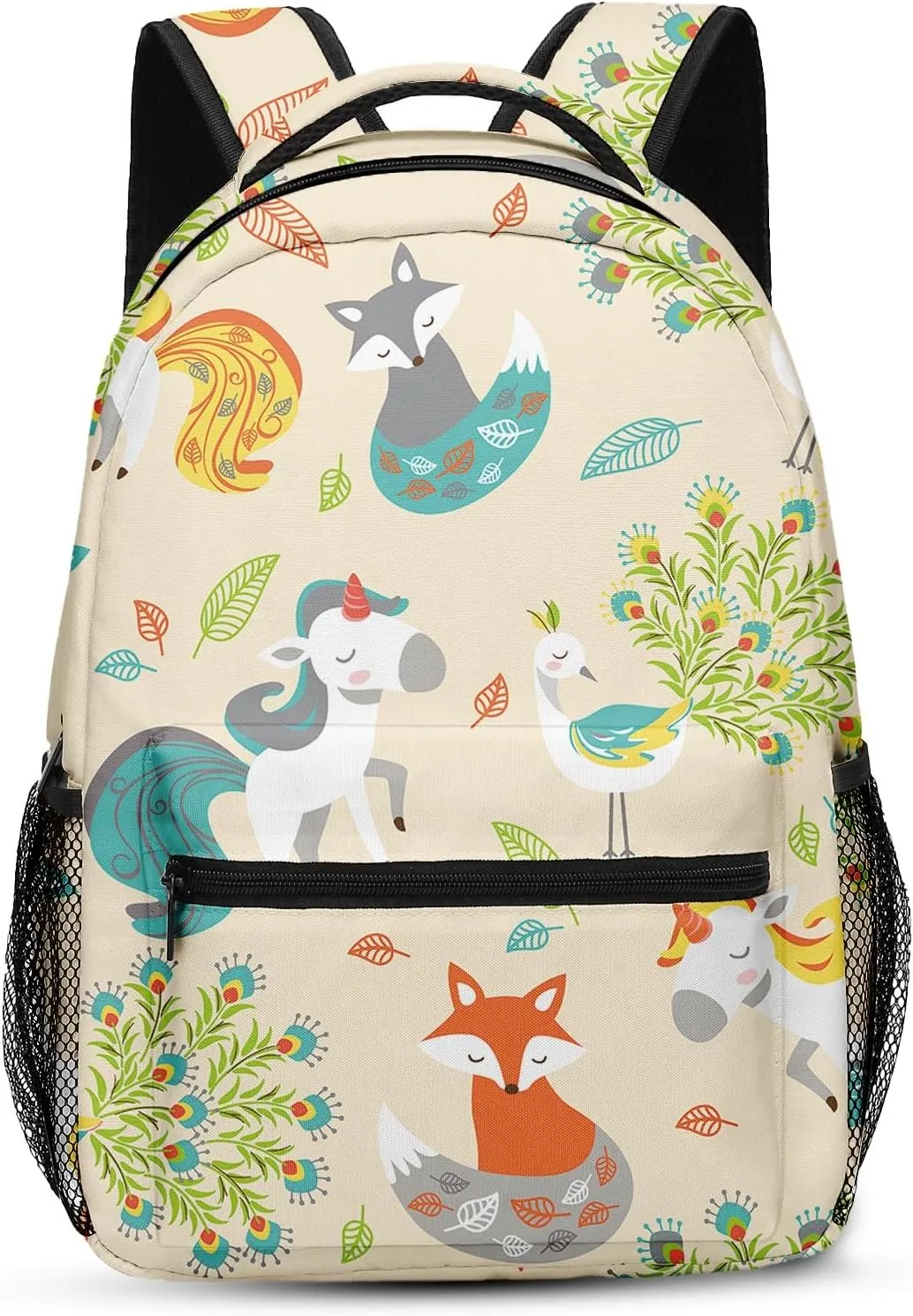 Kids Backpack for Teens Girls Boys, Cute Unicorn Woodland Fox Peacock Flower Water Resistant Child Bookbag School Bag with Adjustable Padded Straps