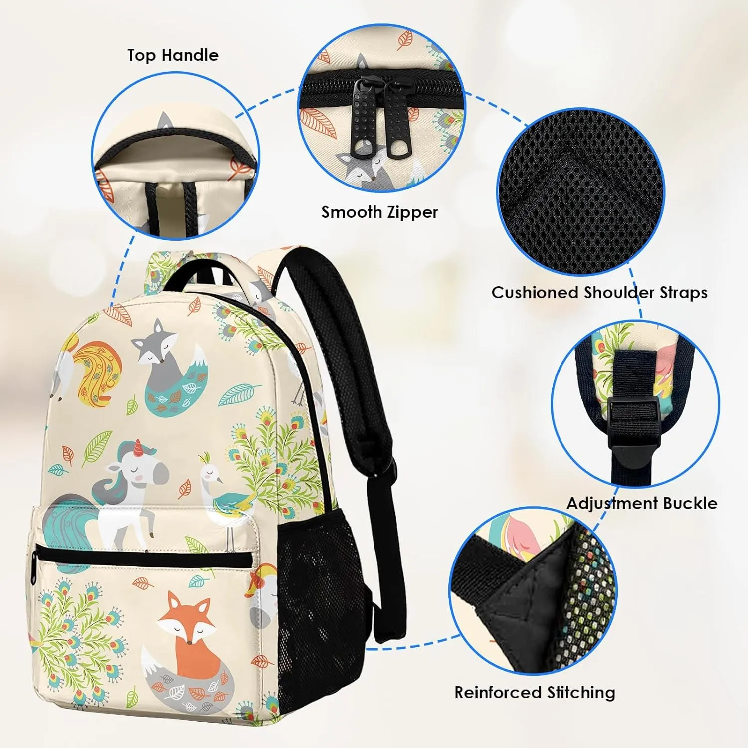 Kids Backpack for Teens Girls Boys, Cute Unicorn Woodland Fox Peacock Flower Water Resistant Child Bookbag School Bag with Adjustable Padded Straps