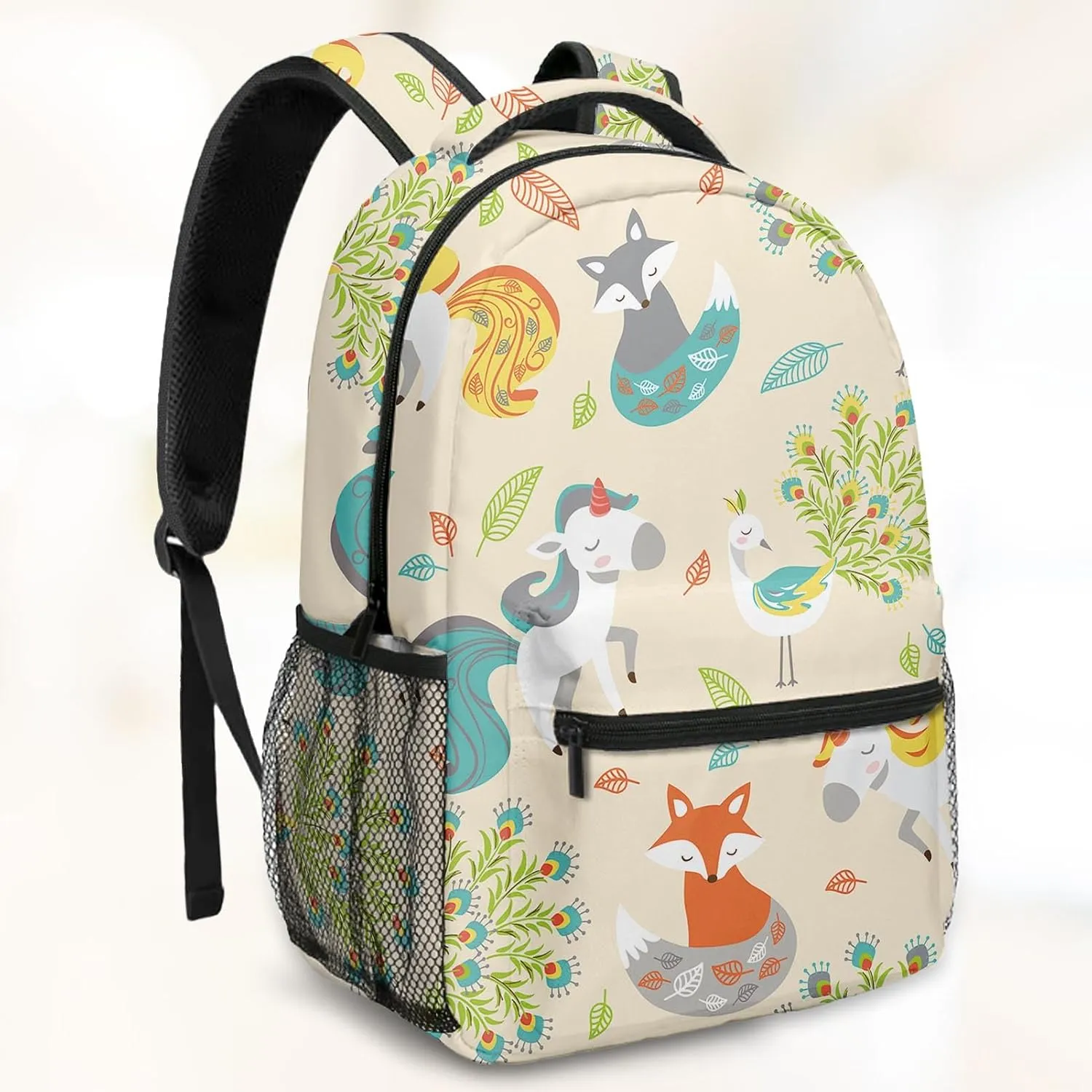 Kids Backpack for Teens Girls Boys, Cute Unicorn Woodland Fox Peacock Flower Water Resistant Child Bookbag School Bag with Adjustable Padded Straps