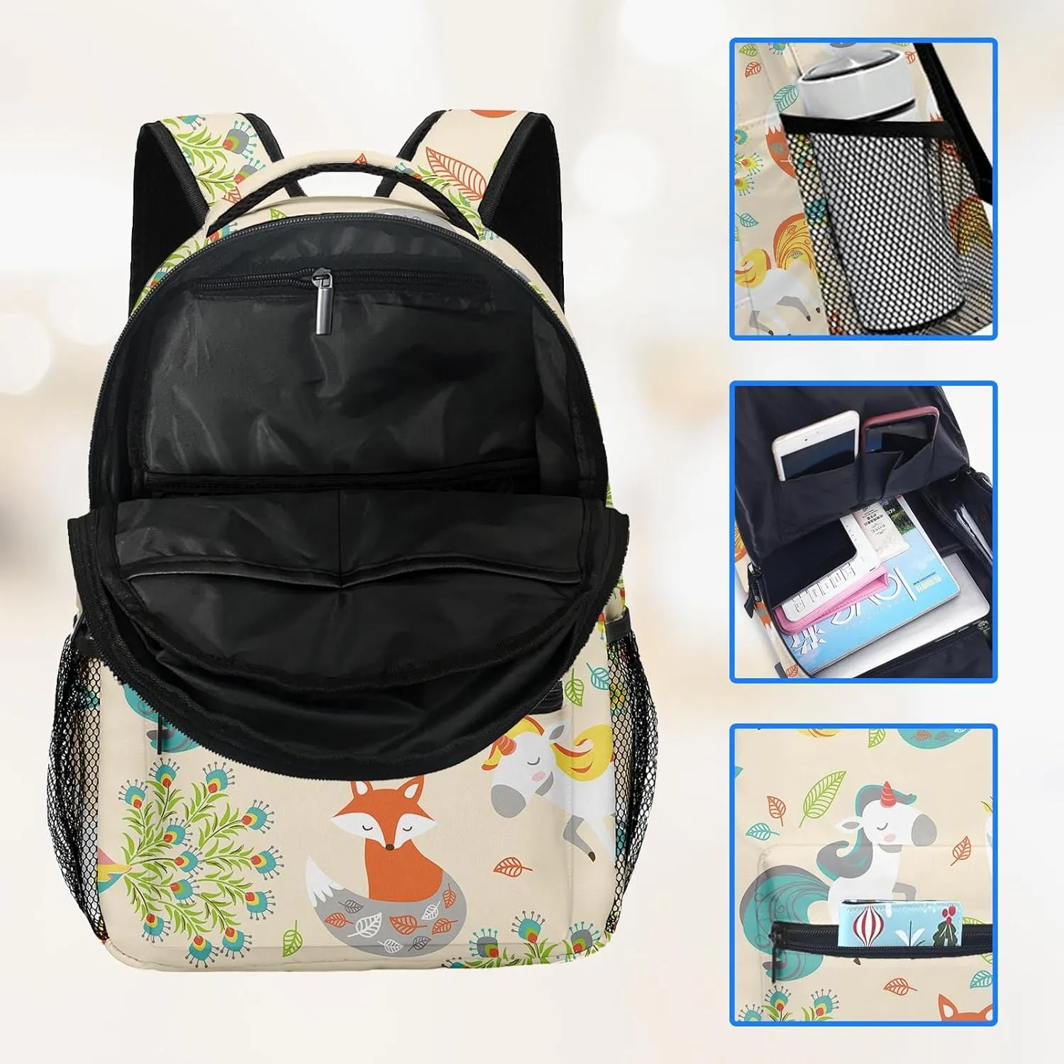 Kids Backpack for Teens Girls Boys, Cute Unicorn Woodland Fox Peacock Flower Water Resistant Child Bookbag School Bag with Adjustable Padded Straps