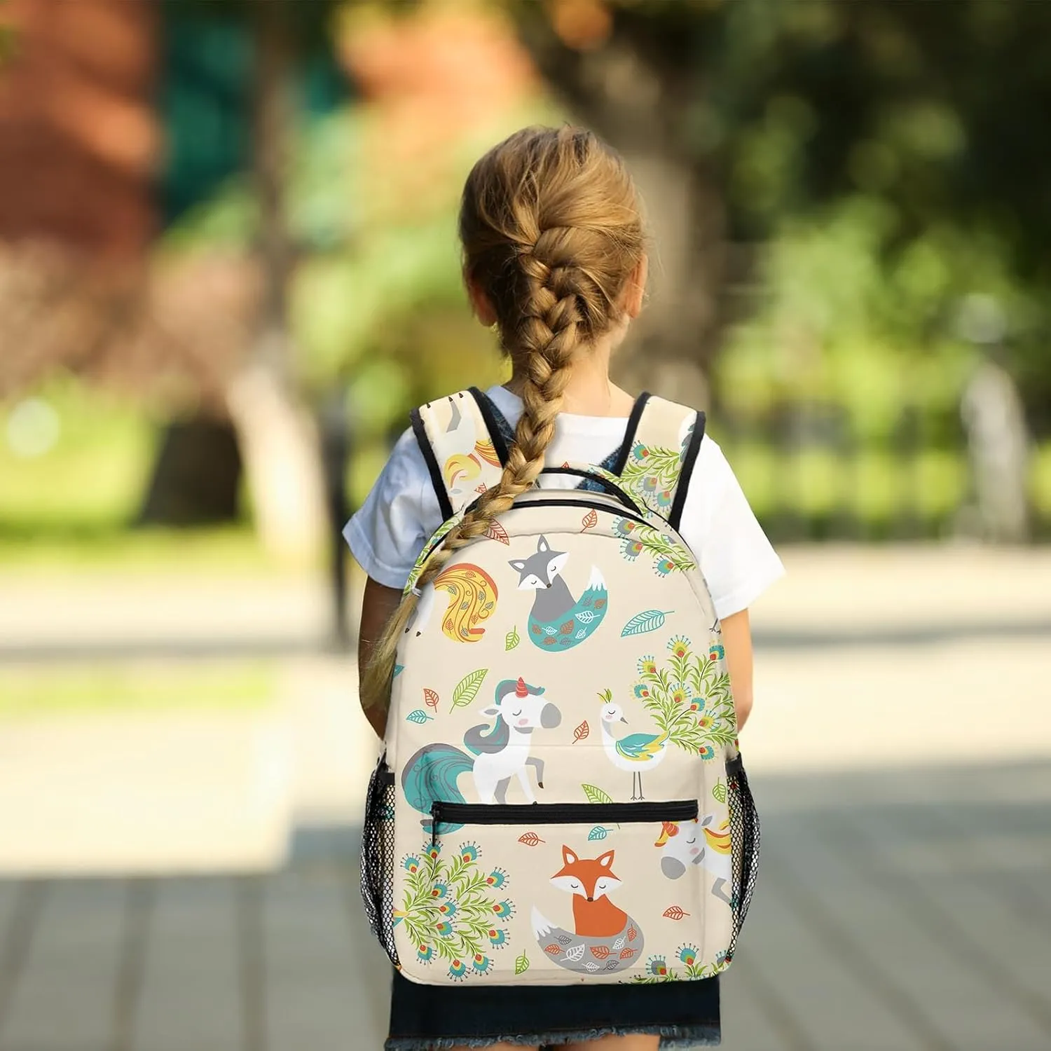 Kids Backpack for Teens Girls Boys, Cute Unicorn Woodland Fox Peacock Flower Water Resistant Child Bookbag School Bag with Adjustable Padded Straps