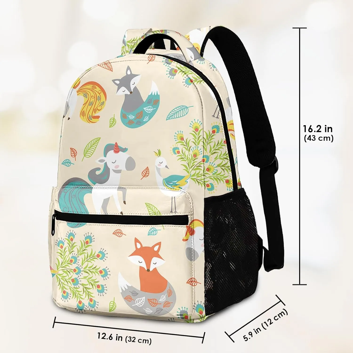 Kids Backpack for Teens Girls Boys, Cute Unicorn Woodland Fox Peacock Flower Water Resistant Child Bookbag School Bag with Adjustable Padded Straps