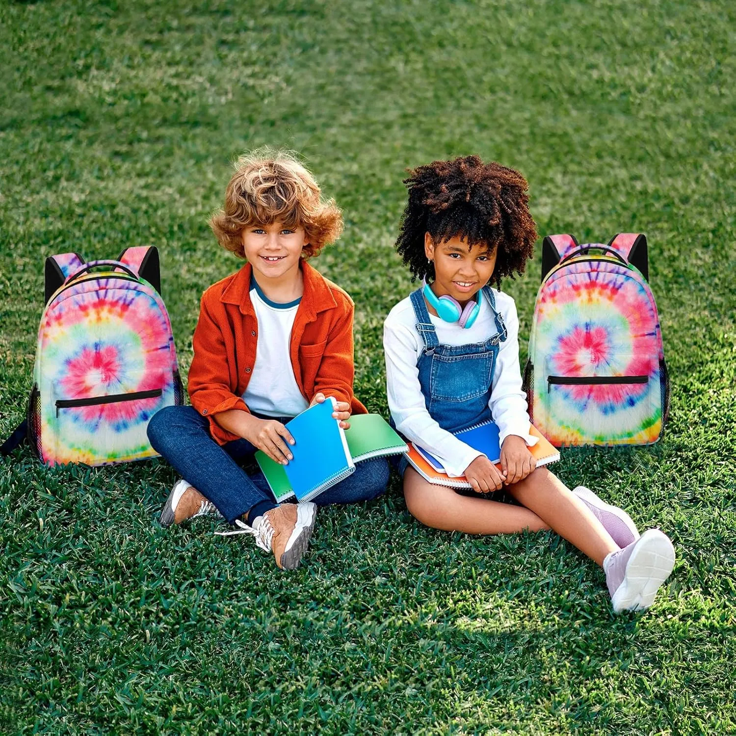 Kids Backpack for Teens Girls Boys, Tie Dye Rainbow Painting Blue Stripe Red Water Resistant Child Bookbag School Bag with Adjustable Padded Straps