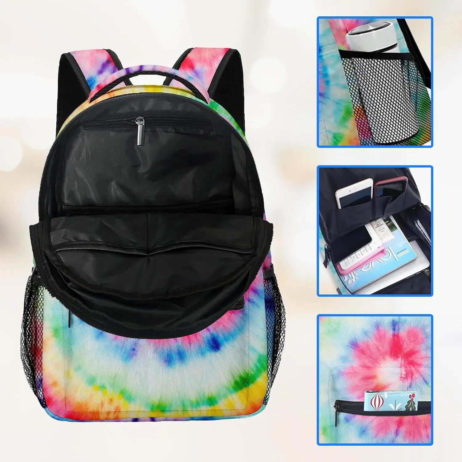 Kids Backpack for Teens Girls Boys, Tie Dye Rainbow Painting Blue Stripe Red Water Resistant Child Bookbag School Bag with Adjustable Padded Straps