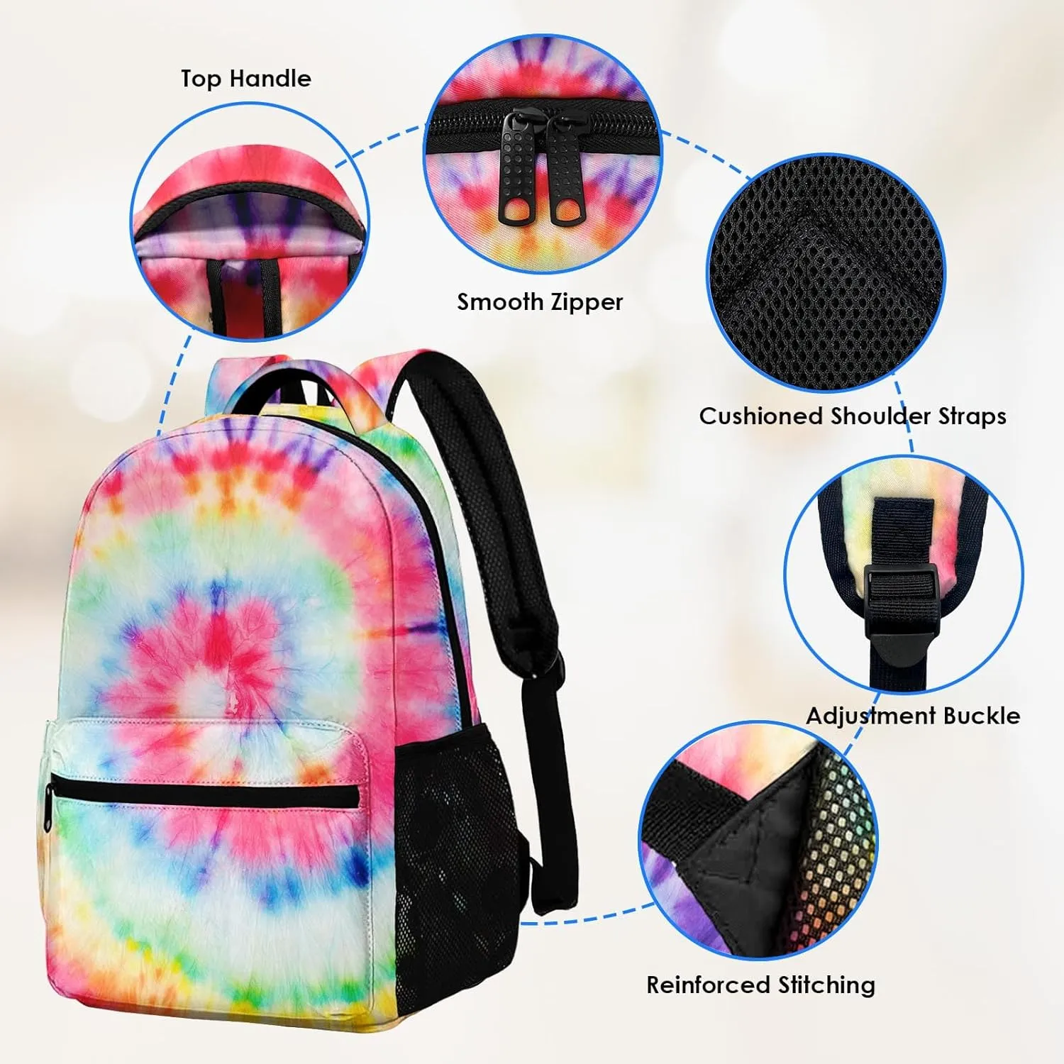 Kids Backpack for Teens Girls Boys, Tie Dye Rainbow Painting Blue Stripe Red Water Resistant Child Bookbag School Bag with Adjustable Padded Straps