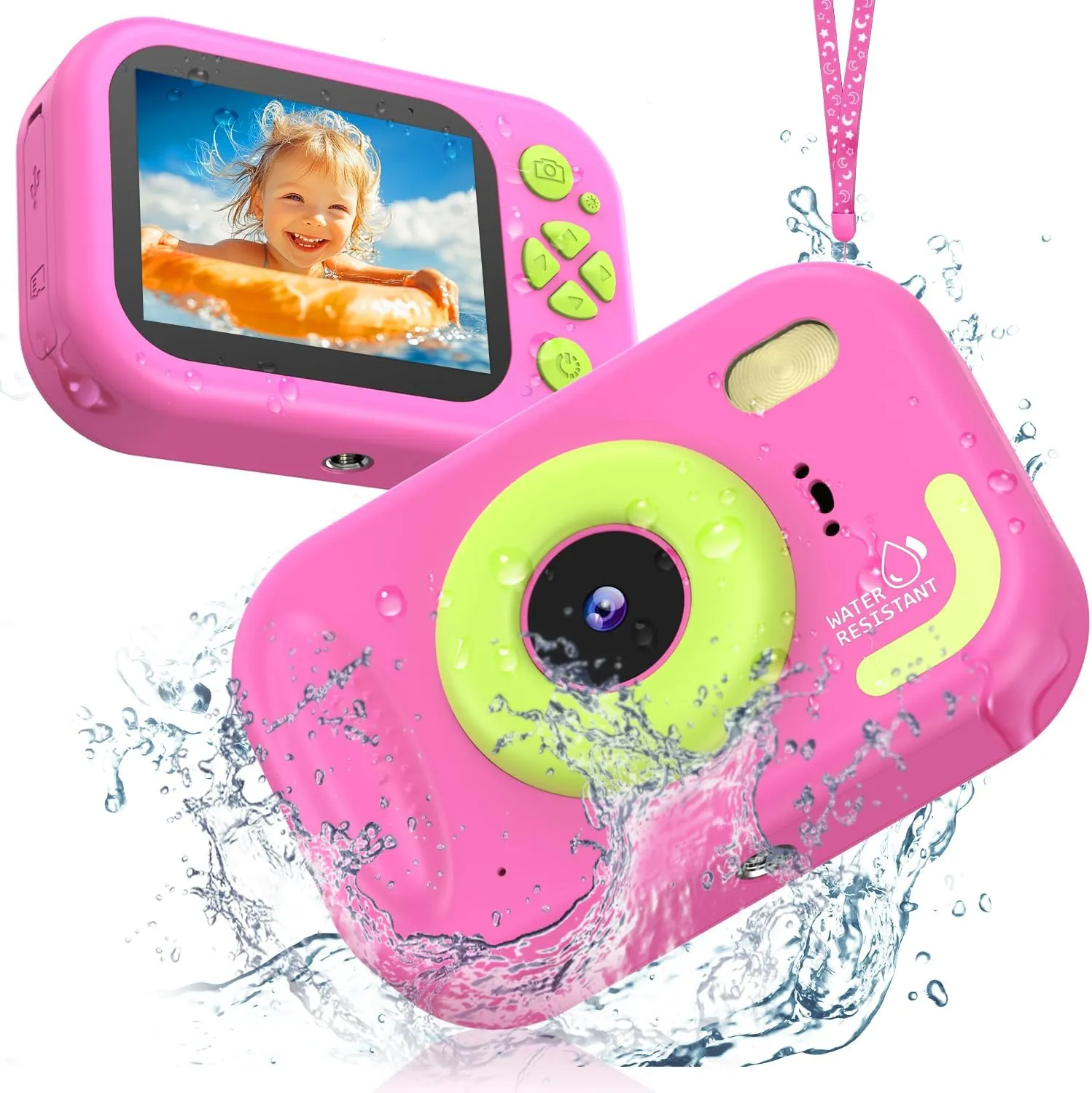 Kids Camera Waterproof, IP67 Underwater Camera for Kids Aged 3-12, HD Kids Digital Camera with 1080P Video Recording, Durable ABS Material, Pool Toys for Boys Girls with 32GB Card (Pink)