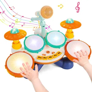 Kids Drum Set Baby Drums - Drum Set for Toddlers 1-3, 4 Beats Flash Light Baby Drum with Microphone & Without Drumsticks, Baby Drum Set Boys Girls Birthday Gifts for Infants 6 9 12 18 Month