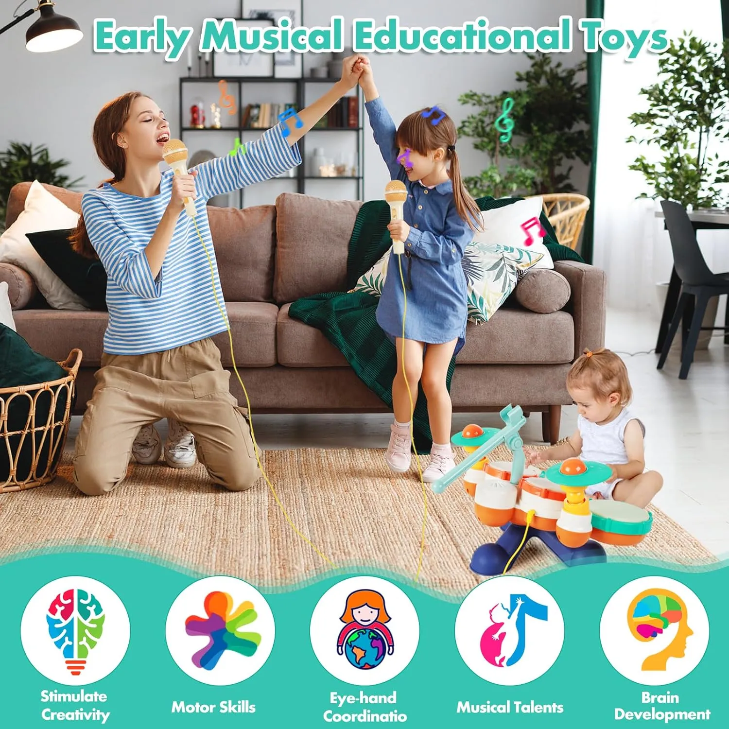 Kids Drum Set Baby Drums - Drum Set for Toddlers 1-3, 4 Beats Flash Light Baby Drum with Microphone & Without Drumsticks, Baby Drum Set Boys Girls Birthday Gifts for Infants 6 9 12 18 Month