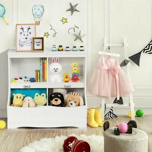 Kids Floor Cabinet Multi-Functional Bookcase -White - Color: White