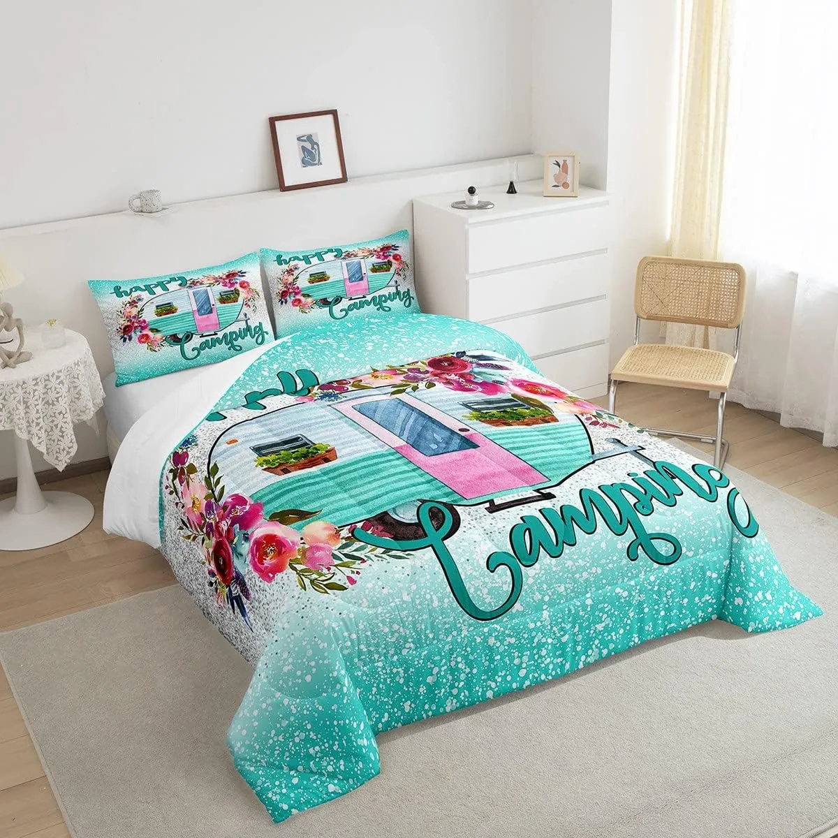 Kids Happy Camping Bedding Set,Camper Car with Flower Comforter Set Queen Size,Space Star Glitter Duvet Sets, Ombre Gradient Soft Quilted Duvet for Boys Girls Teens,Green Farmhouse Decorations