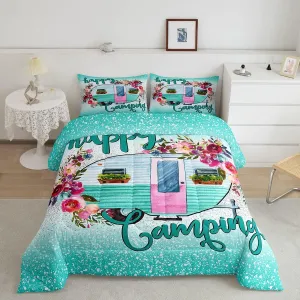 Kids Happy Camping Bedding Set,Camper Car with Flower Comforter Set Queen Size,Space Star Glitter Duvet Sets, Ombre Gradient Soft Quilted Duvet for Boys Girls Teens,Green Farmhouse Decorations
