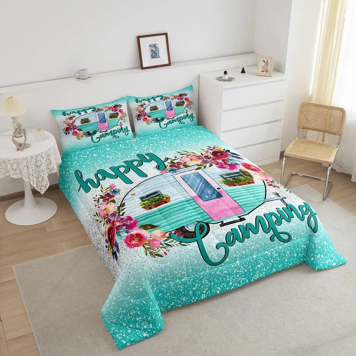 Kids Happy Camping Bedding Set,Camper Car with Flower Comforter Set Queen Size,Space Star Glitter Duvet Sets, Ombre Gradient Soft Quilted Duvet for Boys Girls Teens,Green Farmhouse Decorations