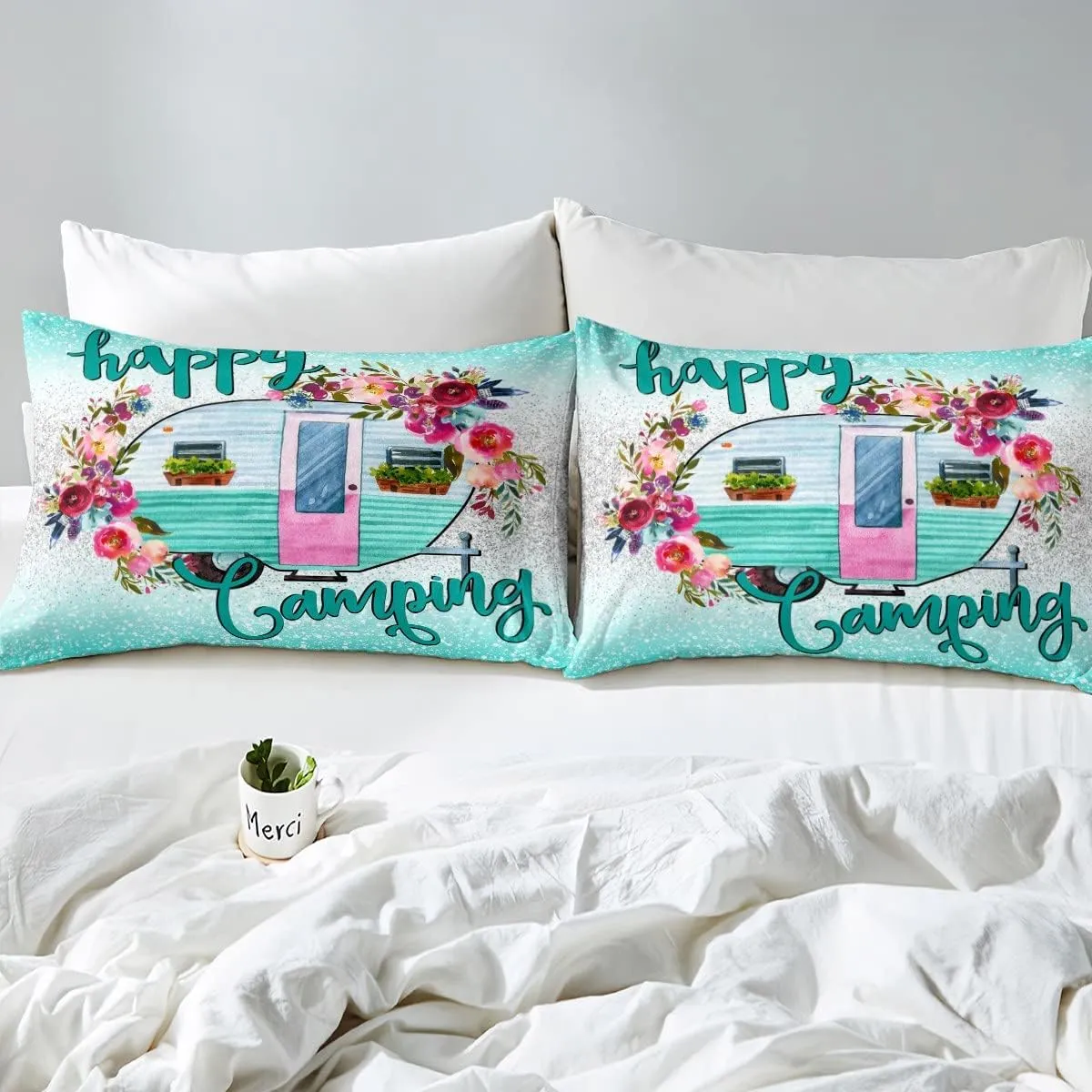 Kids Happy Camping Bedding Set,Camper Car with Flower Comforter Set Queen Size,Space Star Glitter Duvet Sets, Ombre Gradient Soft Quilted Duvet for Boys Girls Teens,Green Farmhouse Decorations