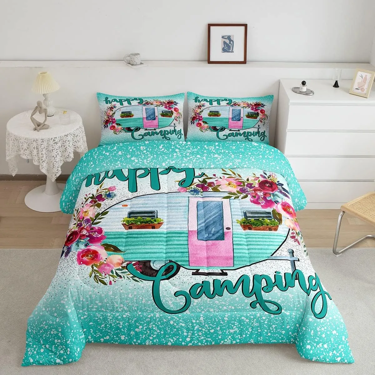 Kids Happy Camping Bedding Set,Camper Car with Flower Comforter Set Queen Size,Space Star Glitter Duvet Sets, Ombre Gradient Soft Quilted Duvet for Boys Girls Teens,Green Farmhouse Decorations
