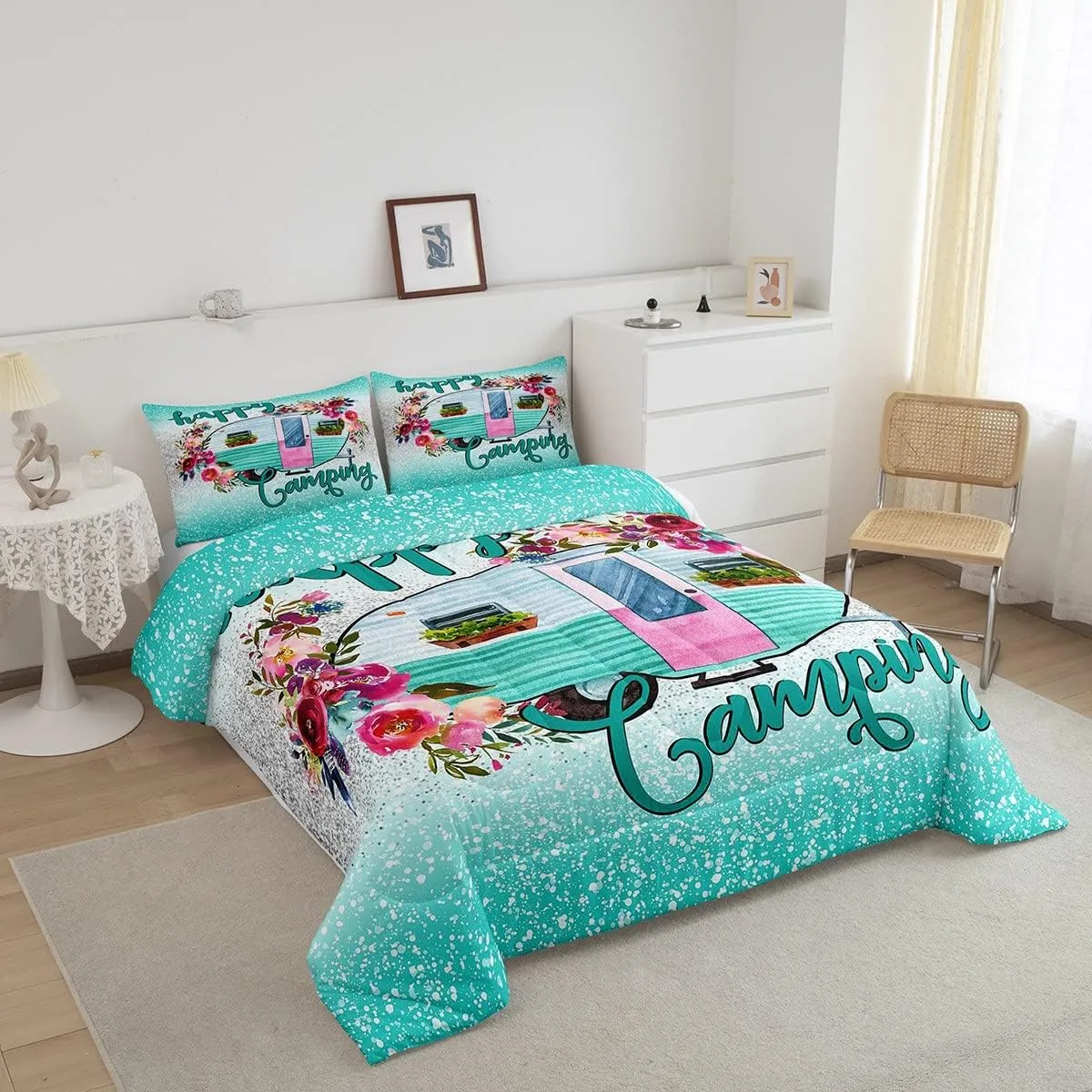 Kids Happy Camping Bedding Set,Camper Car with Flower Comforter Set Queen Size,Space Star Glitter Duvet Sets, Ombre Gradient Soft Quilted Duvet for Boys Girls Teens,Green Farmhouse Decorations