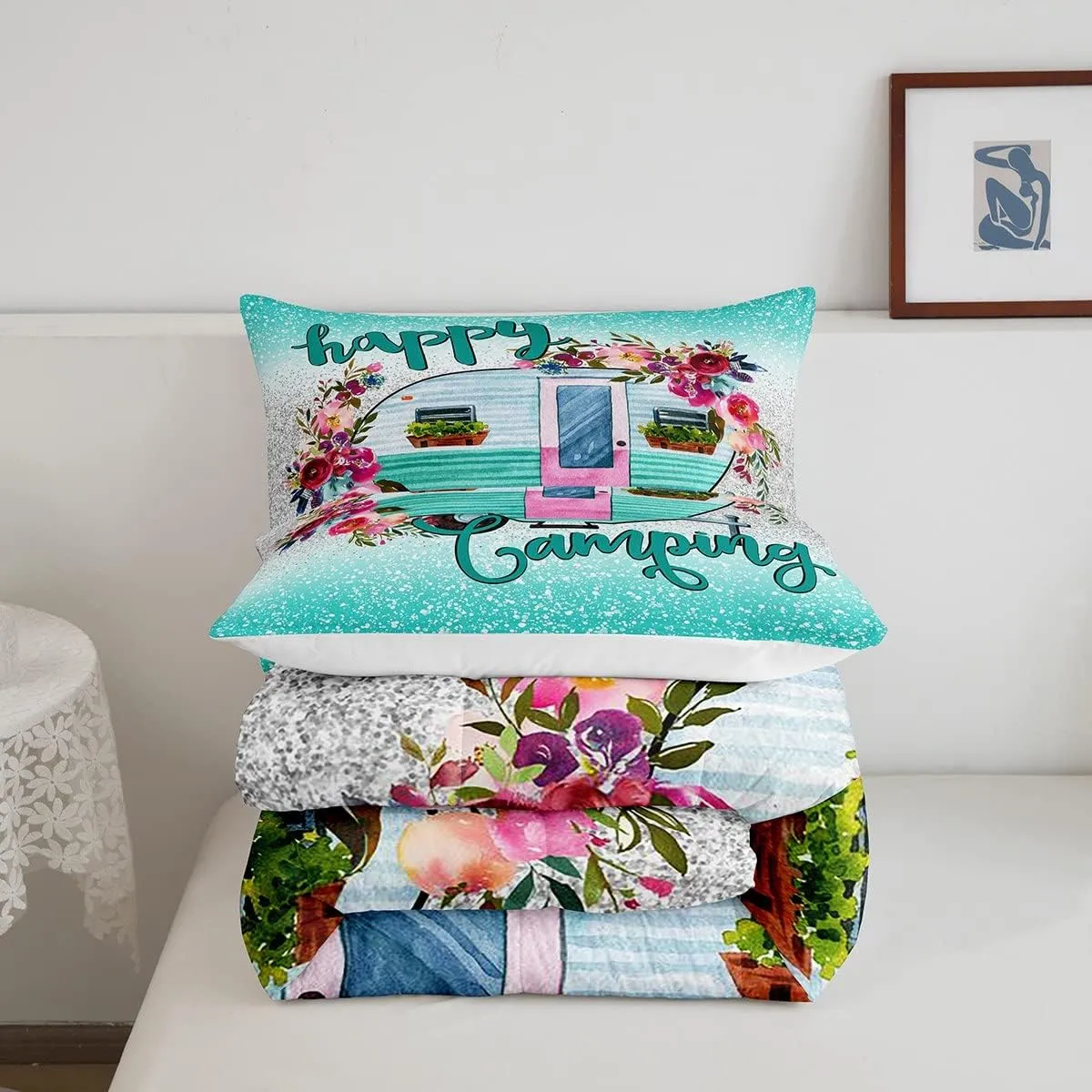 Kids Happy Camping Bedding Set,Camper Car with Flower Comforter Set Queen Size,Space Star Glitter Duvet Sets, Ombre Gradient Soft Quilted Duvet for Boys Girls Teens,Green Farmhouse Decorations