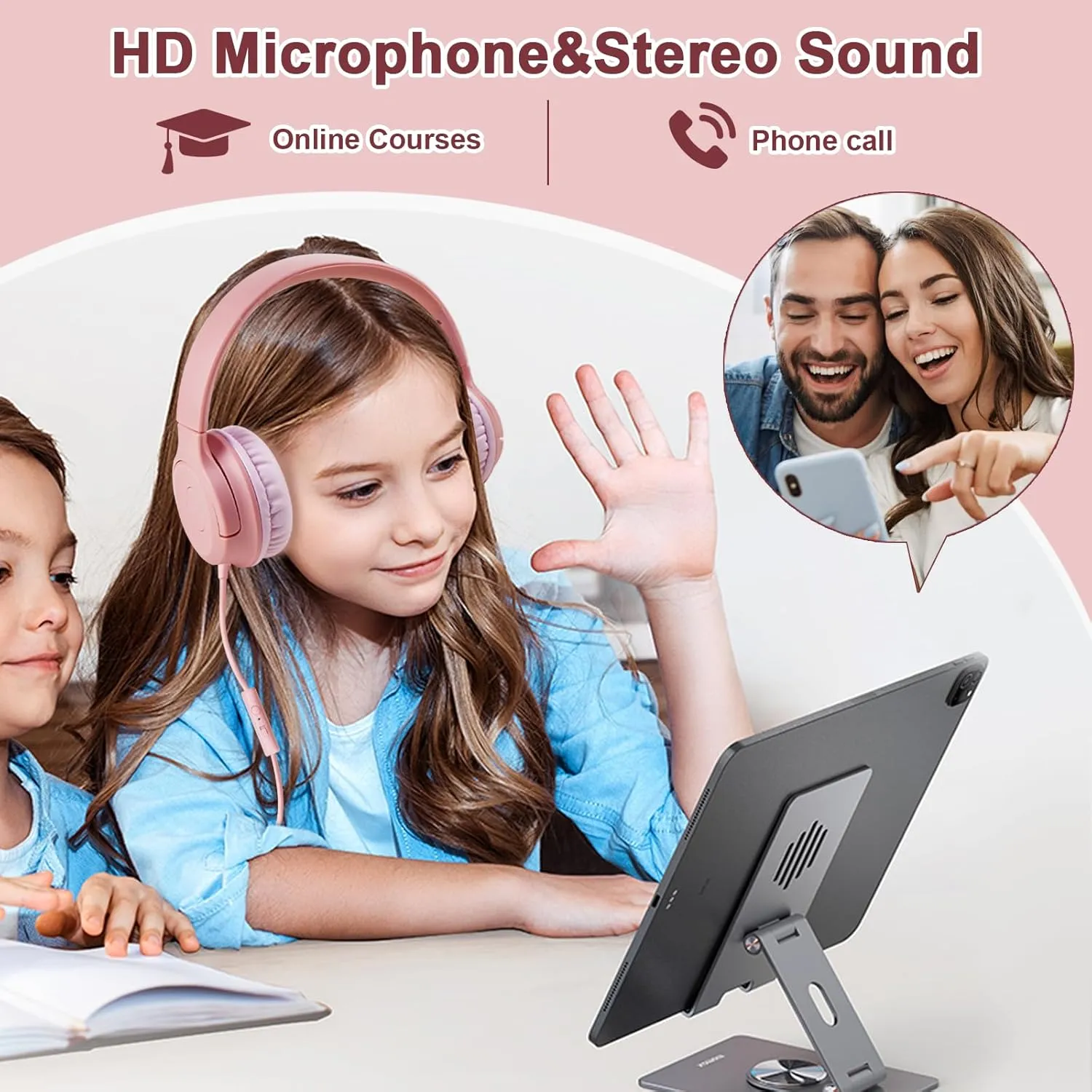 Kids Wired Headphones with Microphone, 85/94dB Safe Volume Limiter,Foldable,3.5mm Jack Over-Ear Cord Headset for Online Study/Travel, Compatible with Tablet,iPad,PC&More,Pink
