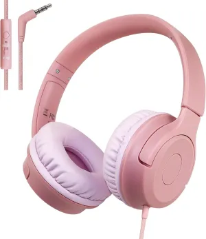 Kids Wired Headphones with Microphone, 85/94dB Safe Volume Limiter,Foldable,3.5mm Jack Over-Ear Cord Headset for Online Study/Travel, Compatible with Tablet,iPad,PC&More,Pink