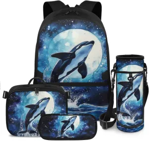 Killer Whale Backpack and Lunch Box Set Boys Big Capacity Backpacks for 5th Grade Girls 17 Inch Kids Backpack for Elementary Students 4 Pcs Boys School Bag Travel Daypack