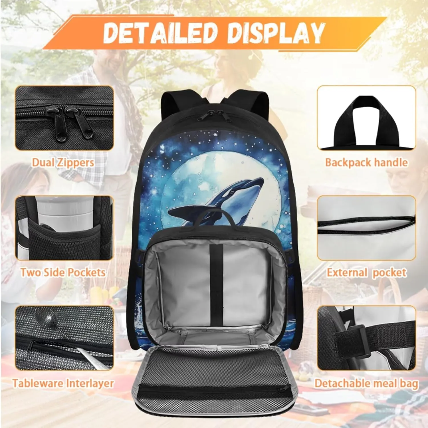 Killer Whale Backpack and Lunch Box Set Boys Big Capacity Backpacks for 5th Grade Girls 17 Inch Kids Backpack for Elementary Students 4 Pcs Boys School Bag Travel Daypack