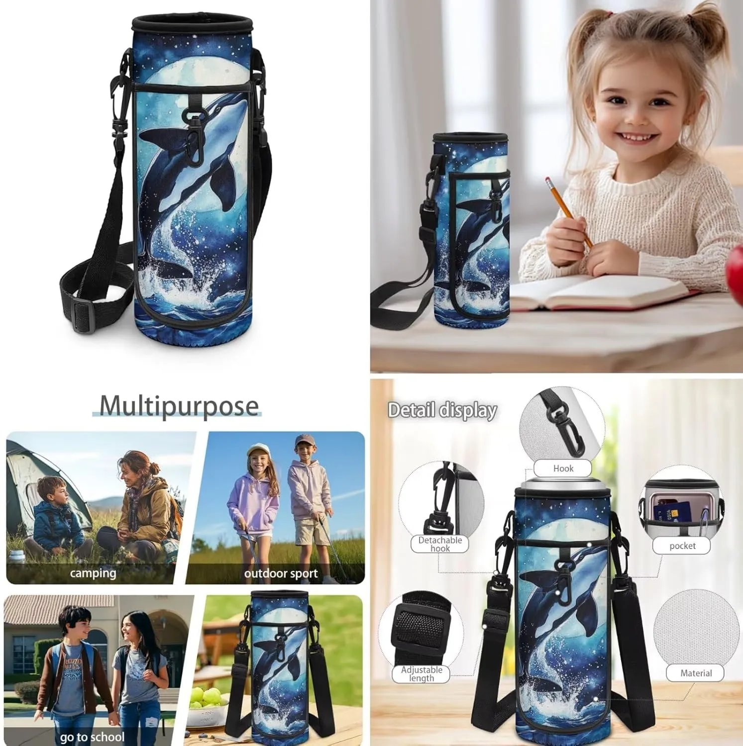 Killer Whale Backpack and Lunch Box Set Boys Big Capacity Backpacks for 5th Grade Girls 17 Inch Kids Backpack for Elementary Students 4 Pcs Boys School Bag Travel Daypack