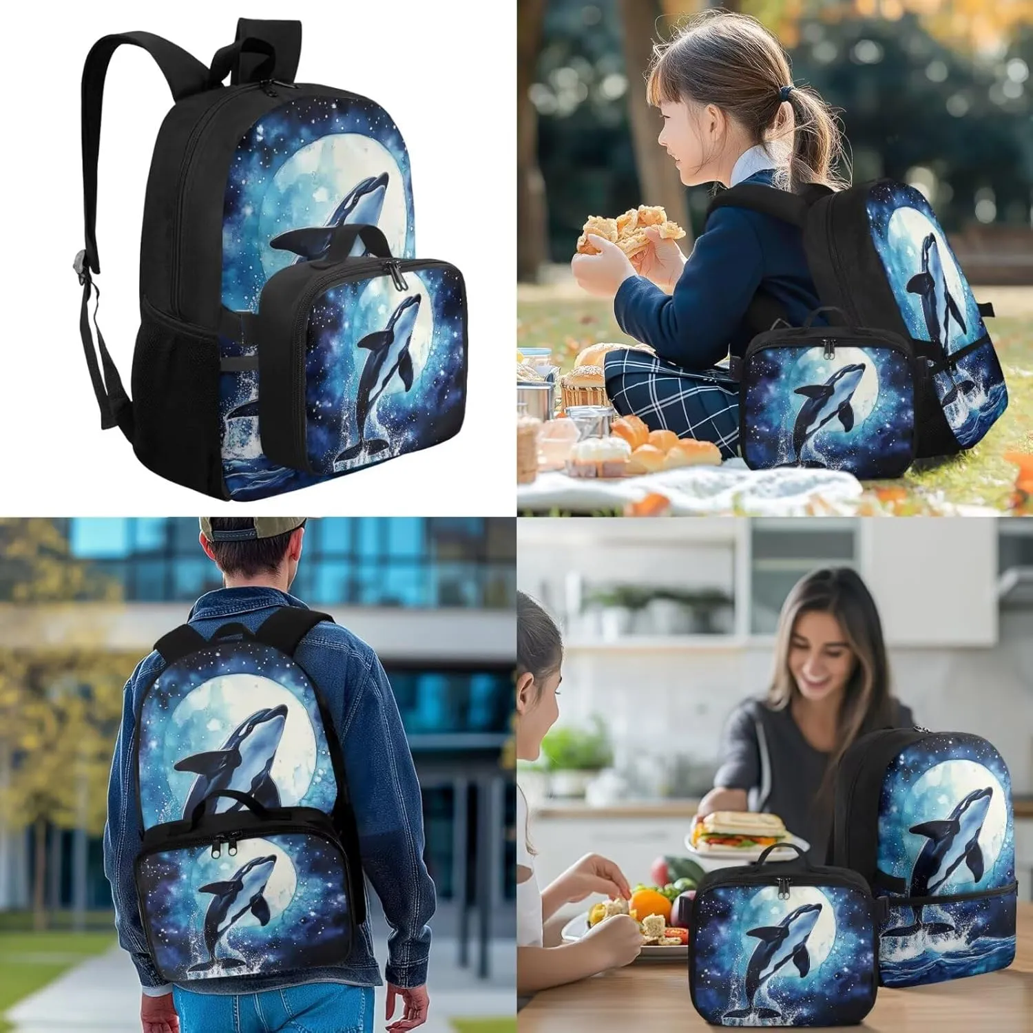 Killer Whale Backpack and Lunch Box Set Boys Big Capacity Backpacks for 5th Grade Girls 17 Inch Kids Backpack for Elementary Students 4 Pcs Boys School Bag Travel Daypack