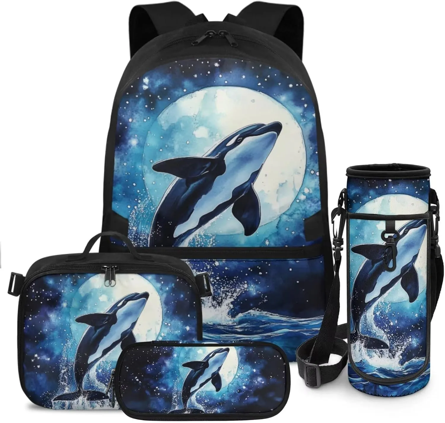 Killer Whale Backpack and Lunch Box Set Boys Big Capacity Backpacks for 5th Grade Girls 17 Inch Kids Backpack for Elementary Students 4 Pcs Boys School Bag Travel Daypack