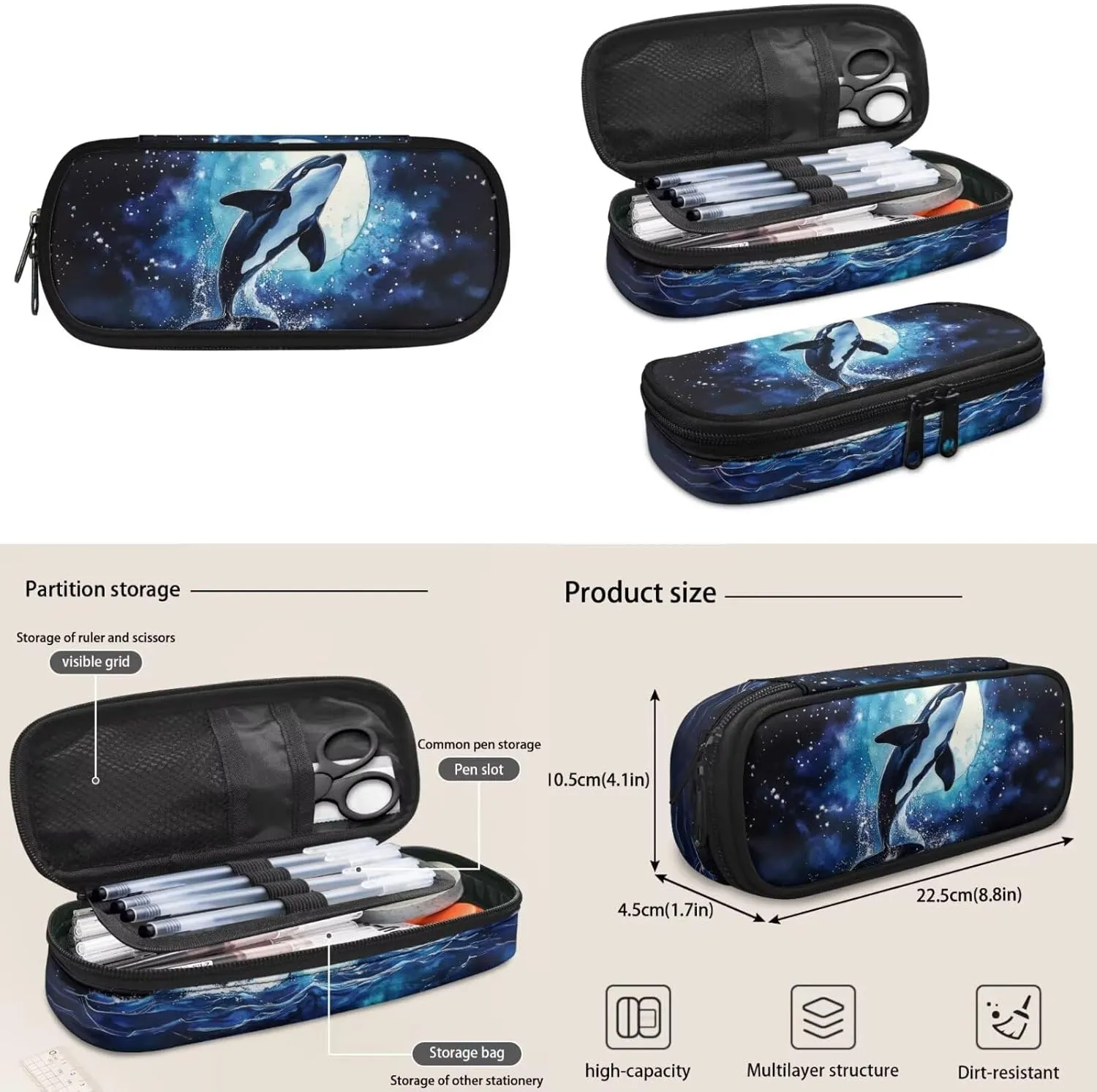 Killer Whale Backpack and Lunch Box Set Boys Big Capacity Backpacks for 5th Grade Girls 17 Inch Kids Backpack for Elementary Students 4 Pcs Boys School Bag Travel Daypack