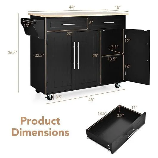 Kitchen Island Trolley Wood Top Rolling Storage Cabinet Cart with Knife Block-Bl