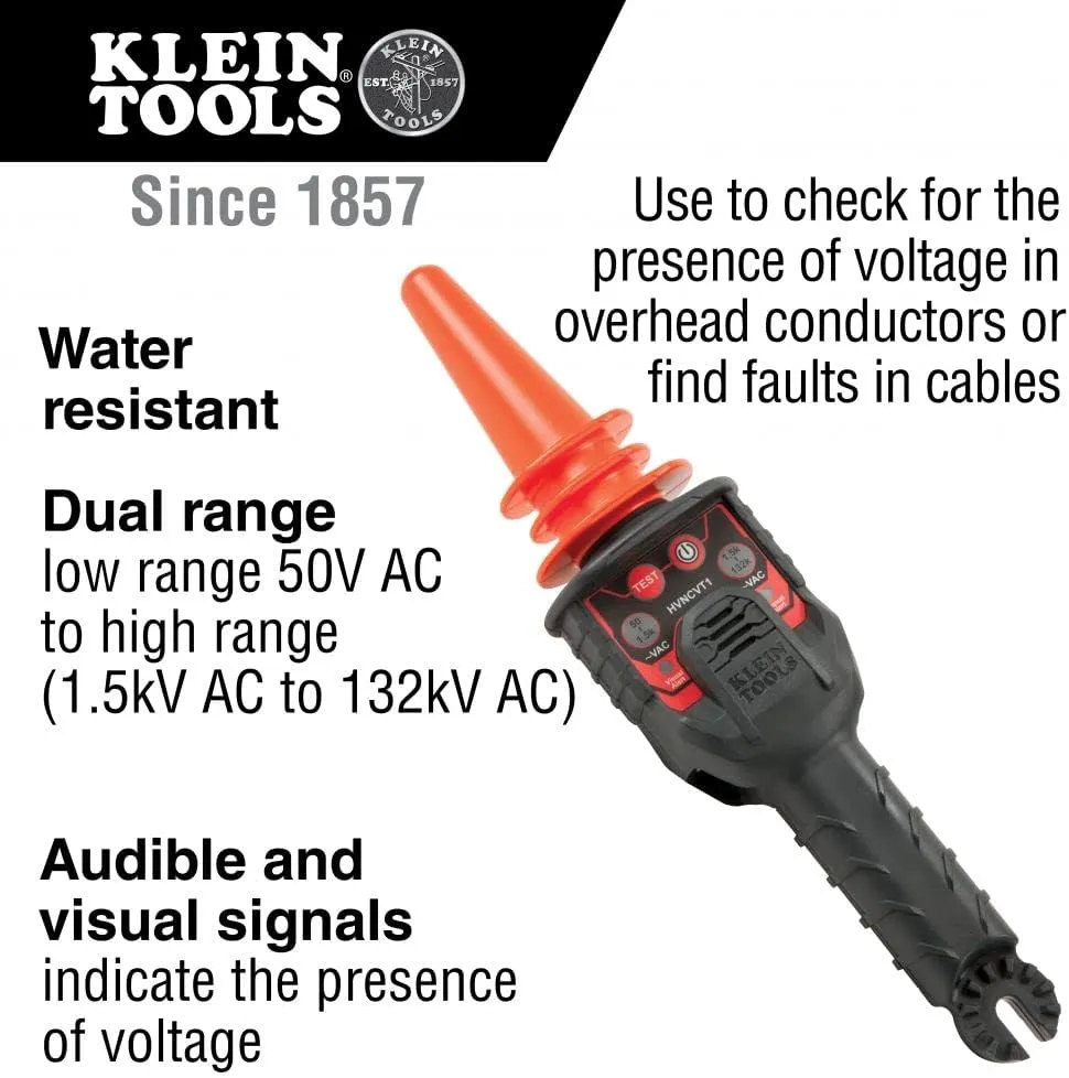 Klein Tools HVNCVT-1 Dual-Range Non-Contact High-Voltage Tester, Dual-Range, Audio/Visual Indicators, Water Resistant, With Case and Battery