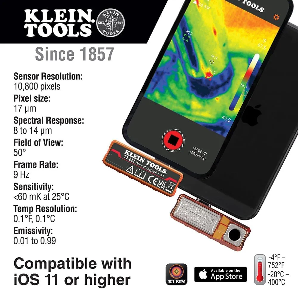 Klein Tools TI222 Thermal Imager for iPhone and all iOS Devices, Thermal Imaging Camera, 10,800 Pixels, Three Color Palettes, High/Low Temperatures