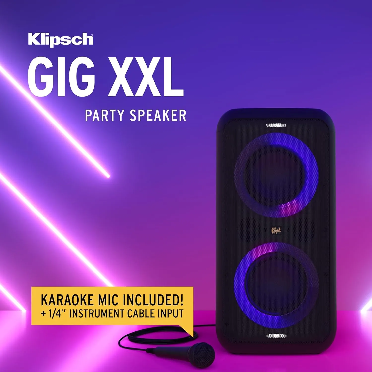 Klipsch Gig XXL, Black - Portable Wireless Bluetooth Speaker - Multiple Color Modes - Bass Boost - Two 6.5" Woofers & Two 2" Tweeters - 8-Hour Playtime