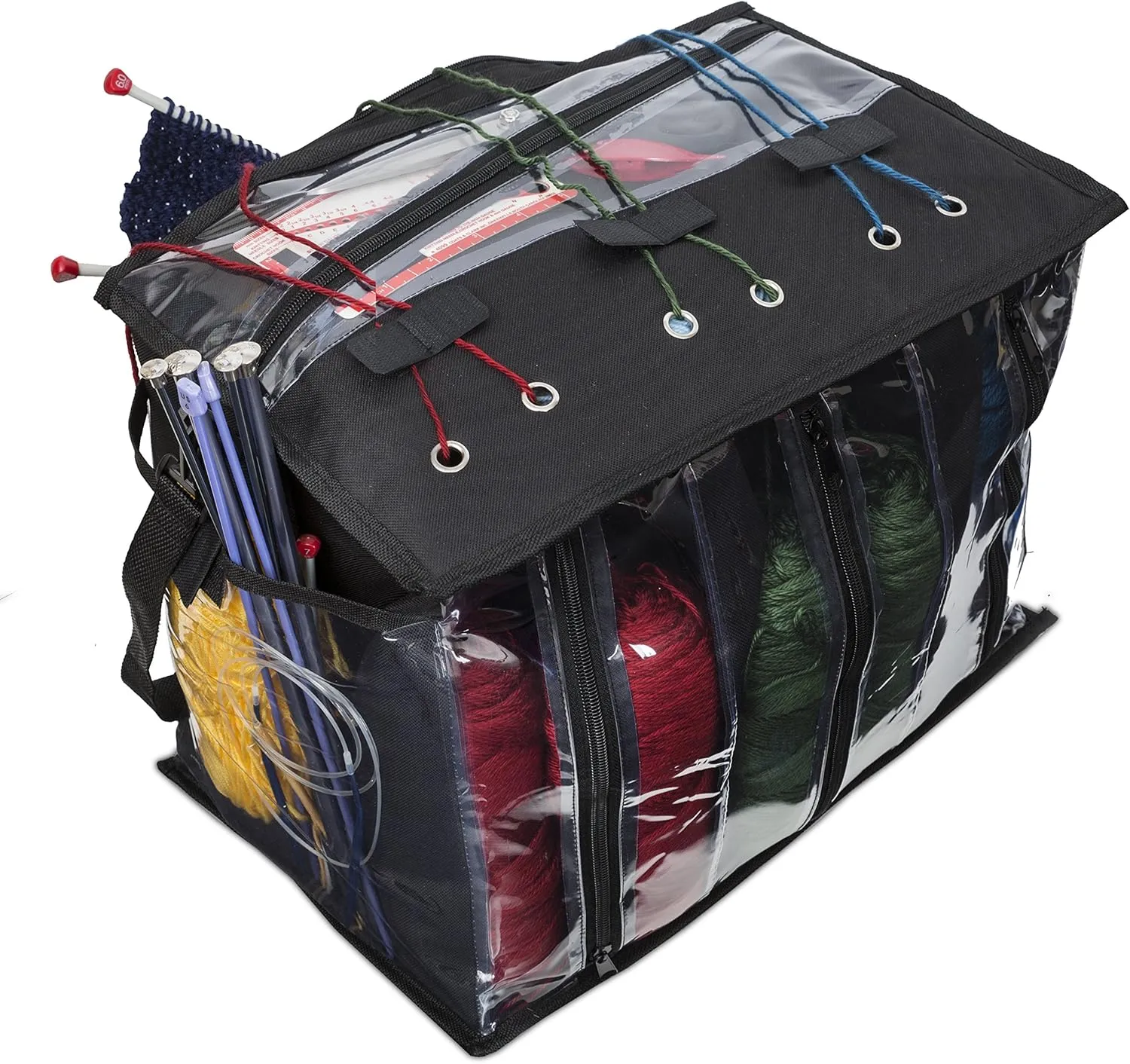 Knitting Organizer By Besti: Portable Knitting Yarn Storage Bag With Multiple Pockets, Individual Compartments, Carrying Shoulder Strap - Clear Plastic Tote Bag For Needles, Crochets & Threads (Black)