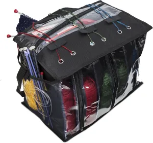 Knitting Organizer By Besti: Portable Knitting Yarn Storage Bag With Multiple Pockets, Individual Compartments, Carrying Shoulder Strap - Clear Plastic Tote Bag For Needles, Crochets & Threads (Black)