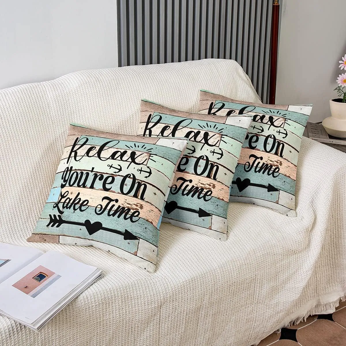 Lake House Decor Throw Pillow Covers, Rustic Wooden Barn Cushion Cases 18x18 Inch Set of 2, Retro Country Farmhouse Cushion Covers for Couch, Grunge Arrows Love Heart Decorative Accent Pillow Cases