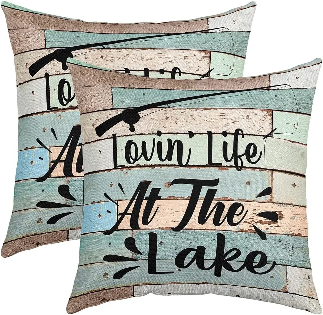 Lake House Pillow Covers for Sofa, Fishing Rod Throw Pillow Covers 18x18 Inch Set of 2, Rustic Farmhouse Decorative Square Pillow Cases, Wooden Barn Door Cushion Cases Lake House Decor for The Home