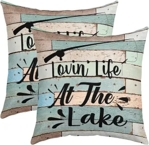 Lake House Pillow Covers for Sofa, Fishing Rod Throw Pillow Covers 18x18 Inch Set of 2, Rustic Farmhouse Decorative Square Pillow Cases, Wooden Barn Door Cushion Cases Lake House Decor for The Home