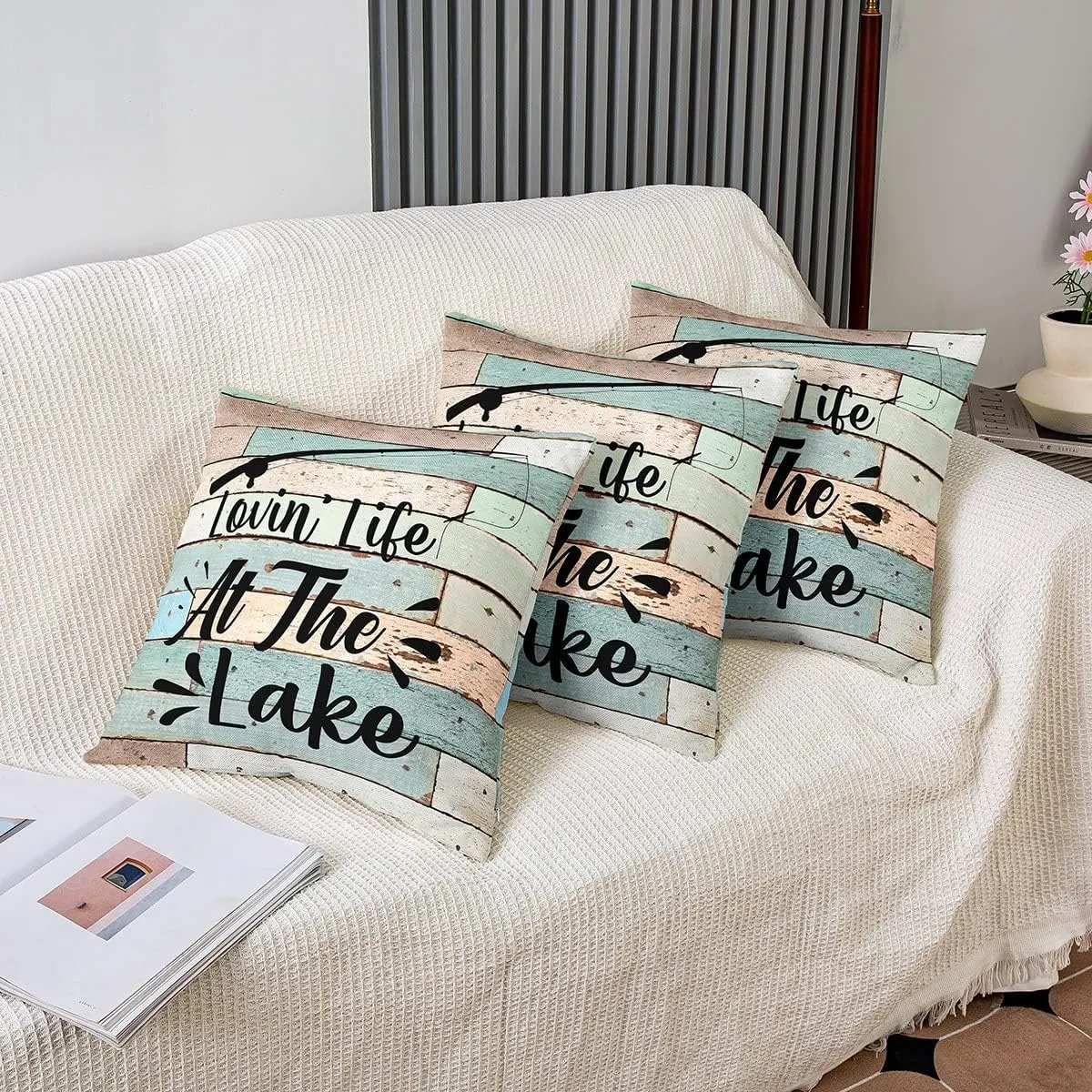 Lake House Pillow Covers for Sofa, Fishing Rod Throw Pillow Covers 18x18 Inch Set of 2, Rustic Farmhouse Decorative Square Pillow Cases, Wooden Barn Door Cushion Cases Lake House Decor for The Home