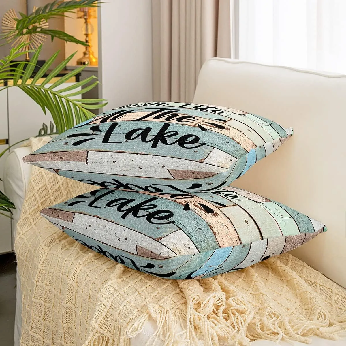 Lake House Pillow Covers for Sofa, Fishing Rod Throw Pillow Covers 18x18 Inch Set of 2, Rustic Farmhouse Decorative Square Pillow Cases, Wooden Barn Door Cushion Cases Lake House Decor for The Home