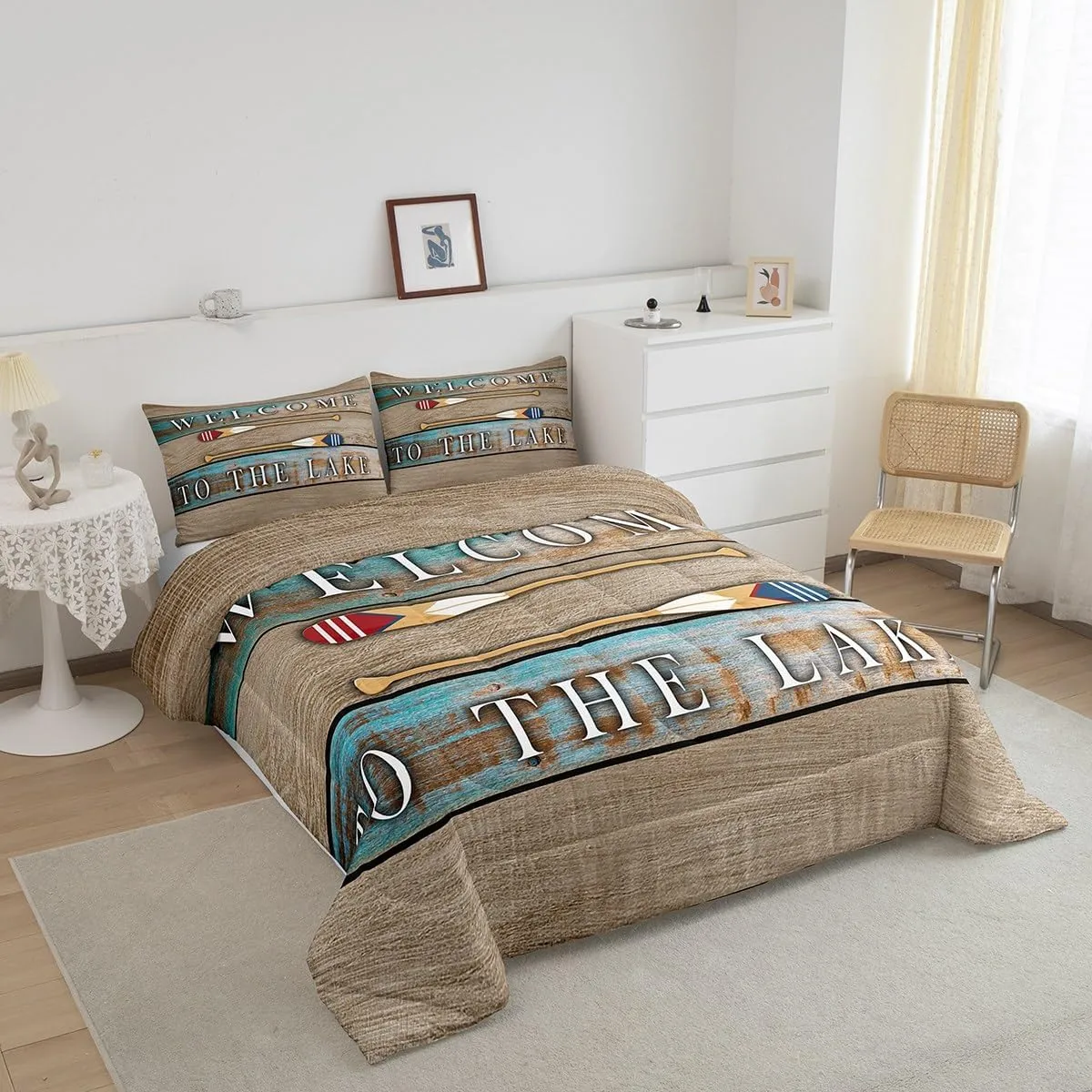 Lake House Queen Bedding Set Rustic Farmhouse Comforter Set, Lake Paddle Bedding Comforter Sets Lake Cabin Decor, Brown Retro Wood Old Barn Duvet Insert For Teens Adult Women Men Lake Lovers Gifts