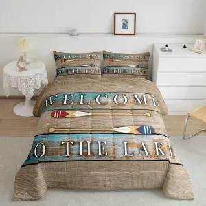 Lake House Queen Bedding Set Rustic Farmhouse Comforter Set, Lake Paddle Bedding Comforter Sets Lake Cabin Decor, Brown Retro Wood Old Barn Duvet Insert For Teens Adult Women Men Lake Lovers Gifts