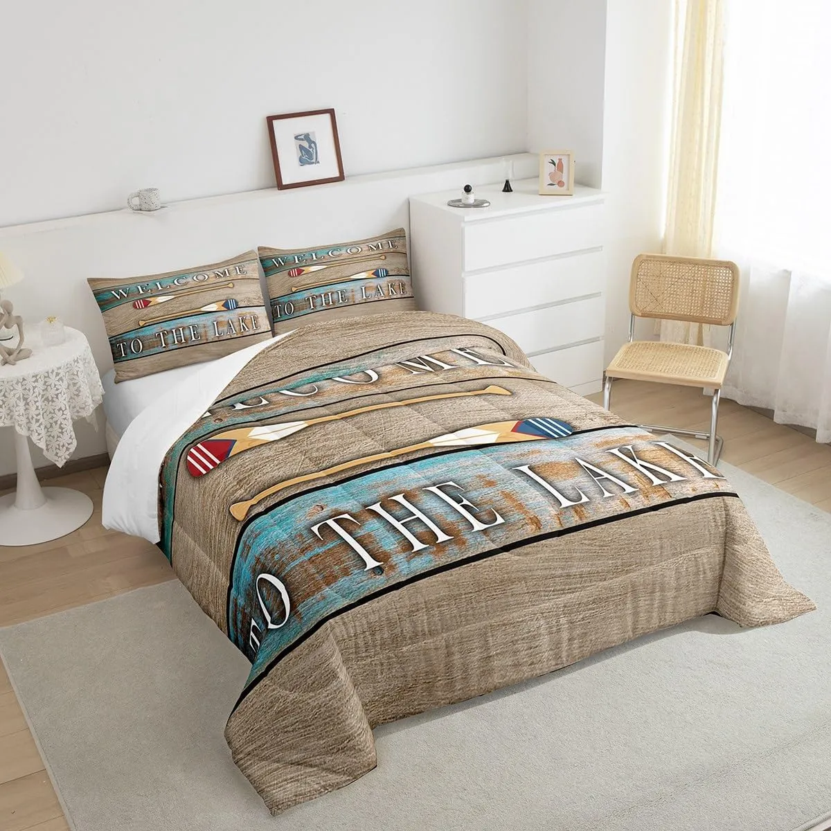 Lake House Queen Bedding Set Rustic Farmhouse Comforter Set, Lake Paddle Bedding Comforter Sets Lake Cabin Decor, Brown Retro Wood Old Barn Duvet Insert For Teens Adult Women Men Lake Lovers Gifts